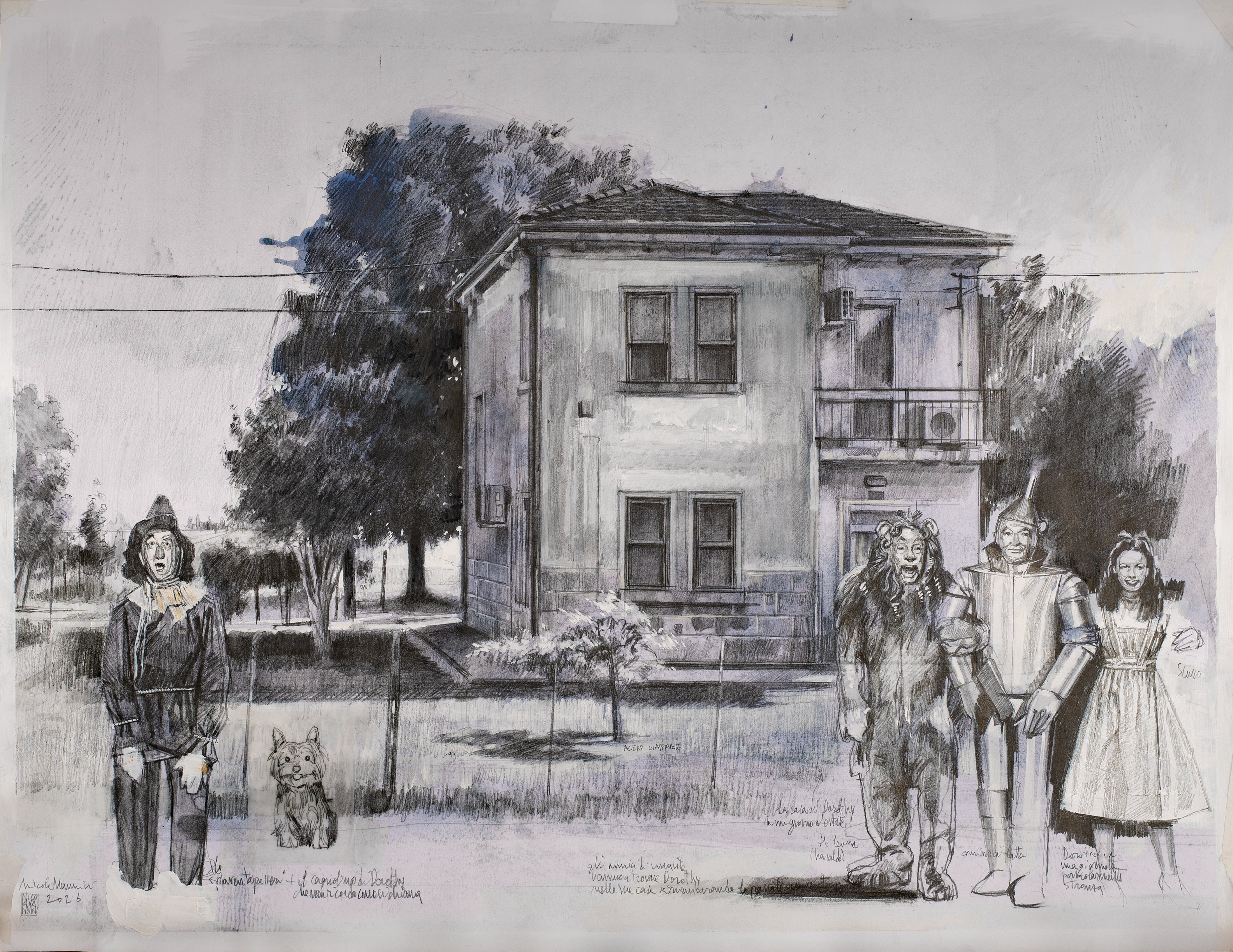 La casa di Dorothy, 2026.Grafite e tempera su carta (50x65 cm)