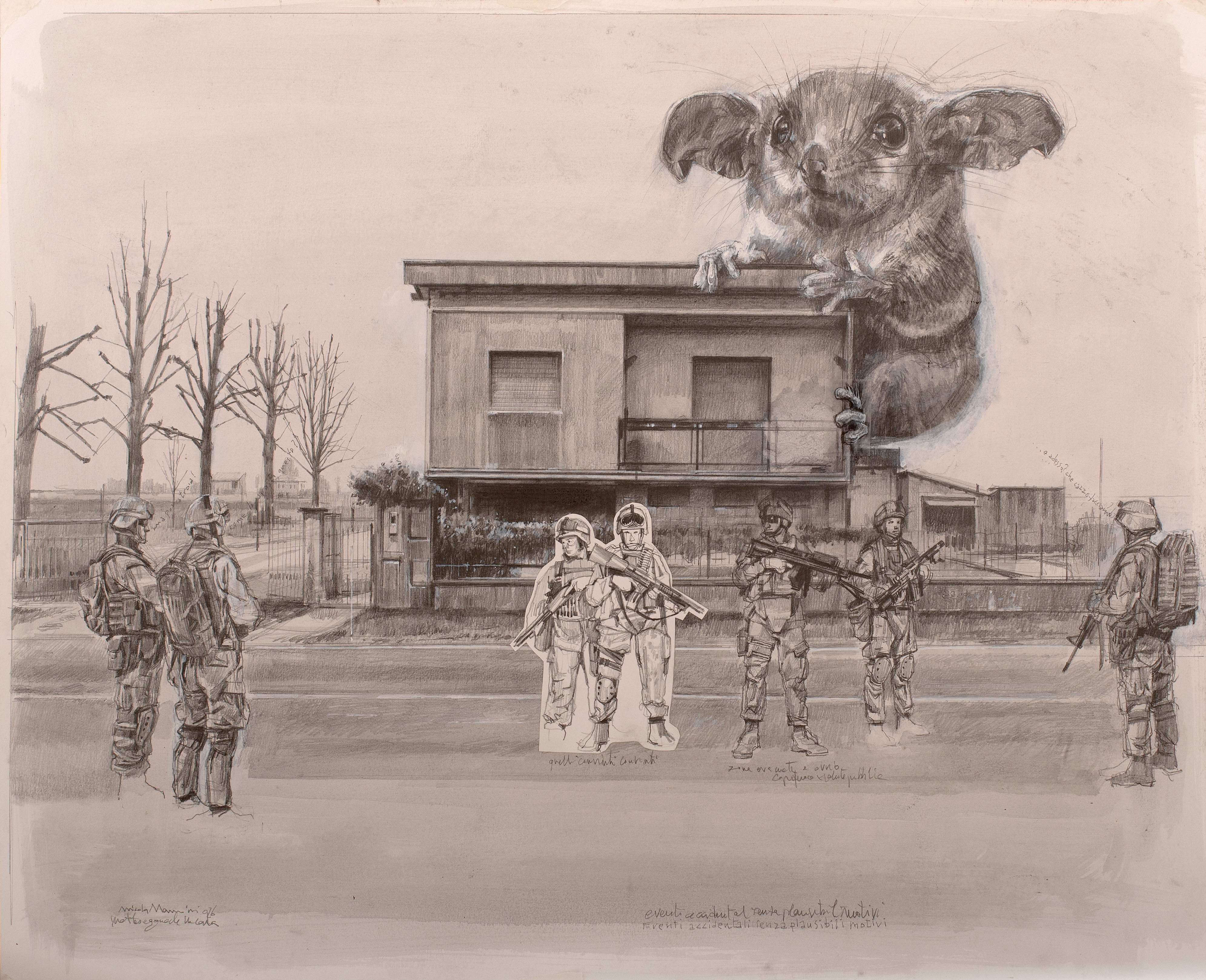 Eventi accidentali senza plausibili motivi, 2026. Grafite e tempera su carta (50x65 cm)
