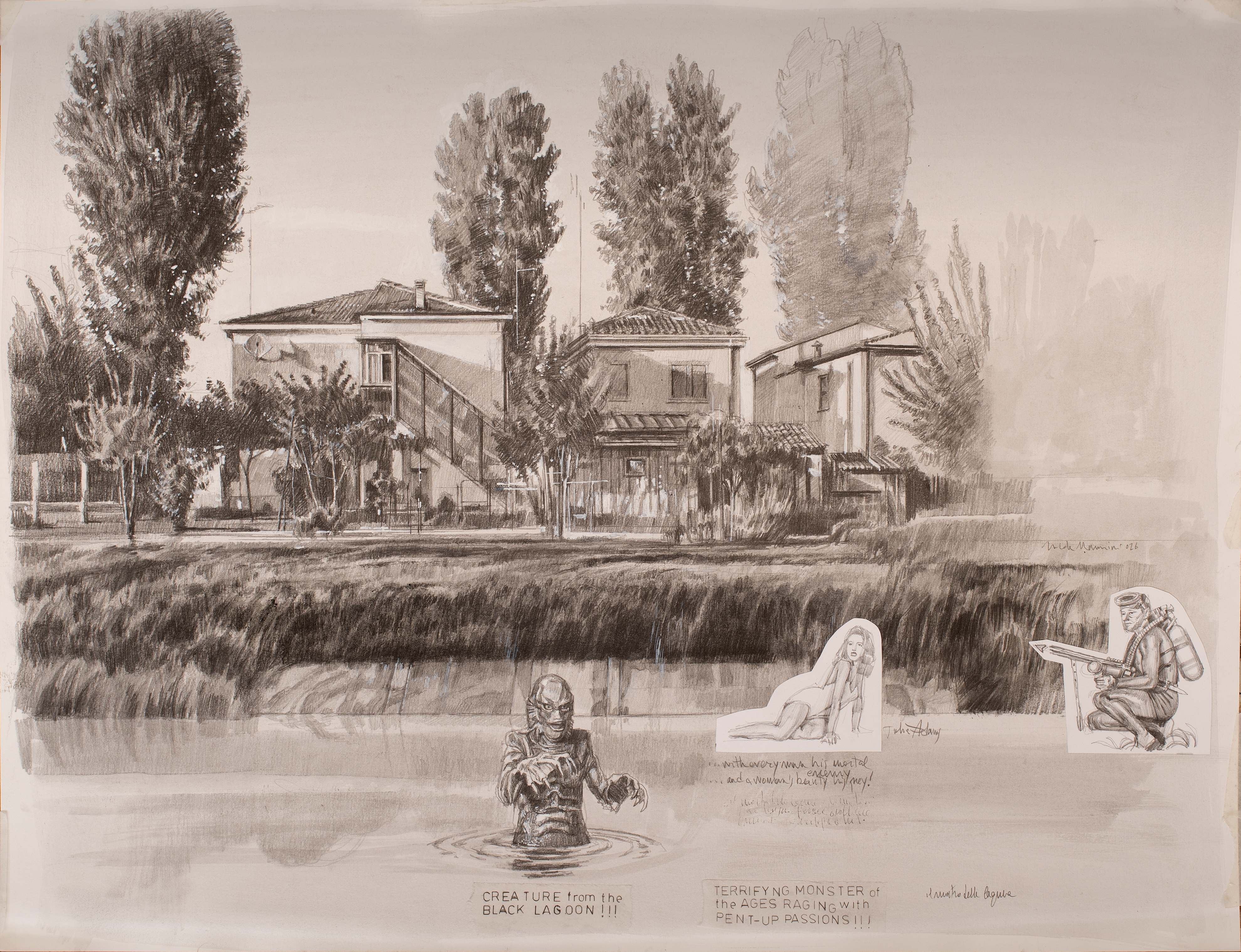 Il mostro della laguna, 2026. Grafite e tempera su carta (50x65 cm)