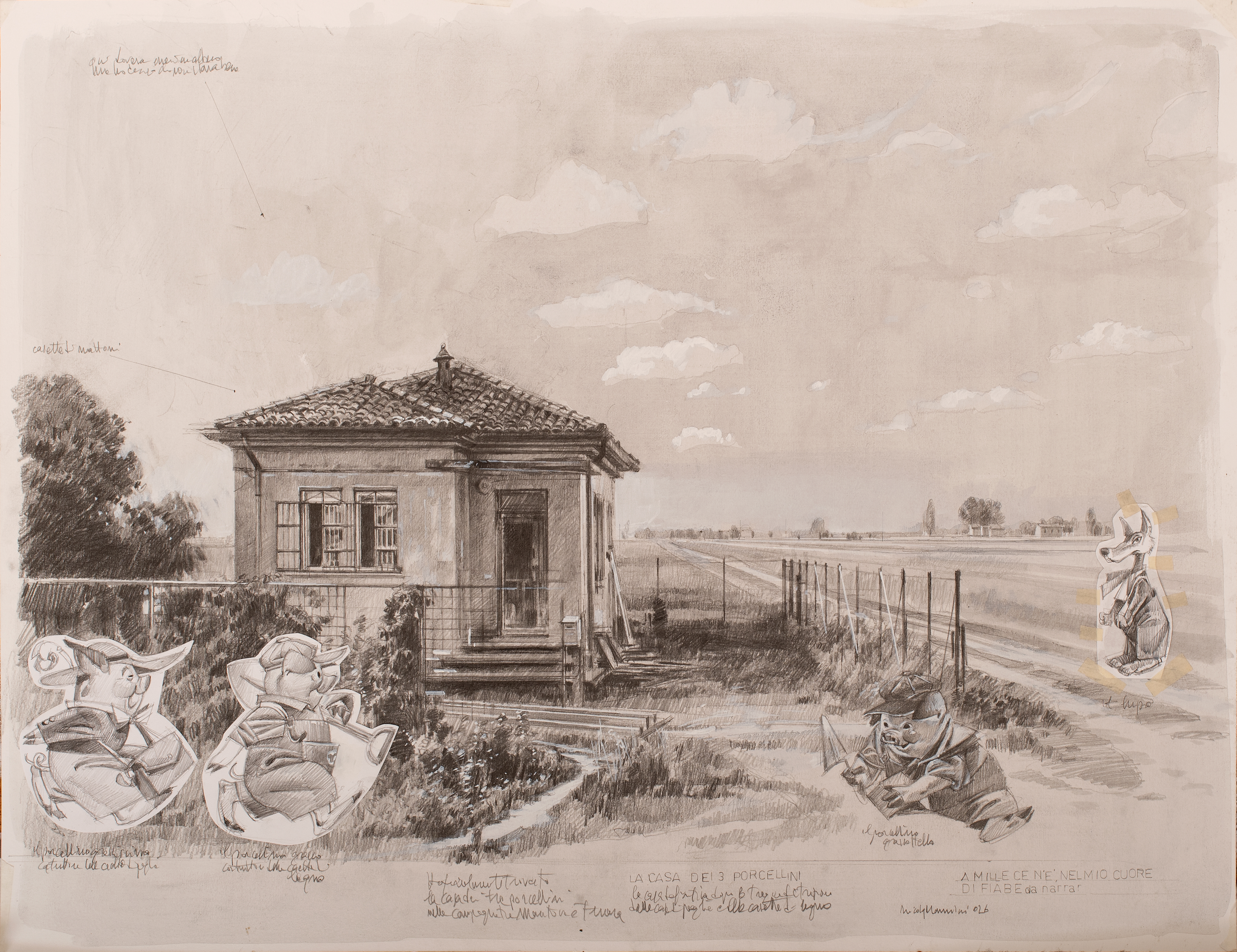 La casa di mattoni dei tre porcellini,2026. Grafite e tempera su carta (50x65 cm)